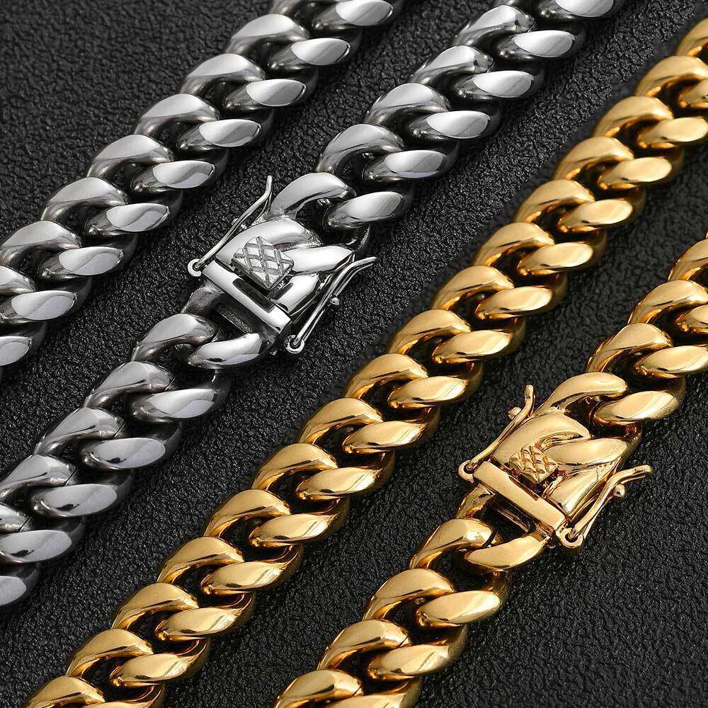 Hip Hop Buckle Stainless Steel Cuban Real Gold Plated Hand Encrypted Round Polished Men's Necklace 73a9