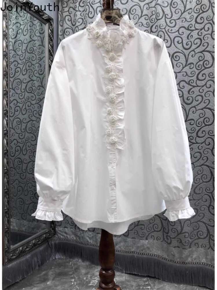 White Blouse Women Clothing Heavy Beading Long Sleeve Shirts 2025 Camisas De Mujer Ruffles Stand Neck 3D Floral Temperament Tops