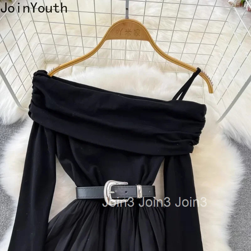 2025 Vestidos De Mujer Floral Dress Women Sexy Slash Neck Black Robe Femme Slom Waist Off Shoulder A-line Temperament Dresses