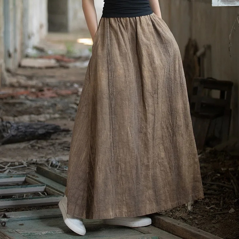 Johnature Women Ramie Tie-dye Skirts Elastic Waist Pockets Vintage Autumn Clothes Women A-Line Skirts 250619