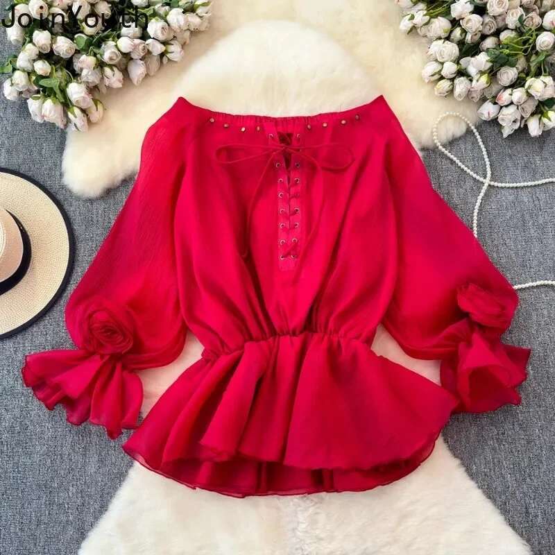 2025 Blusas Mujer De Moda Slash Neck Long Sleeve Blouses Women Clothing Vintage Bandage Tops 3D Floral Fashion Chiffon Shirts