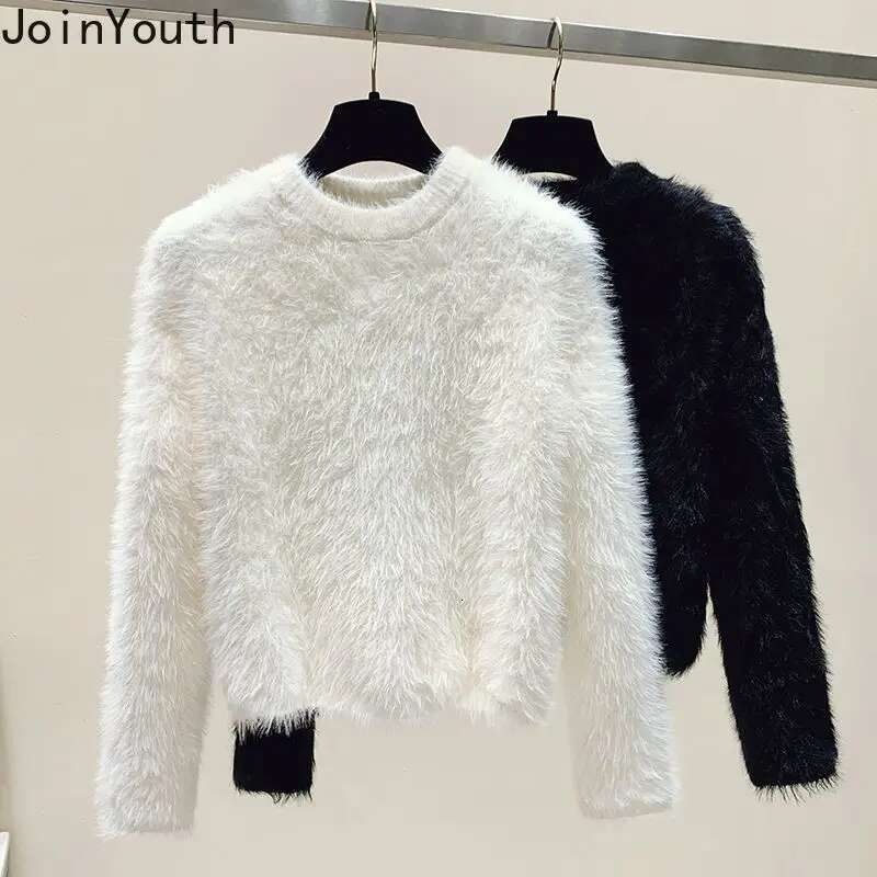 White Cropped Pullovers for Women 2025 Ropa Mujer Long Sleeve O-neck Knitting Sweater Tops Fashion Korean Furry Soft Pull Femme