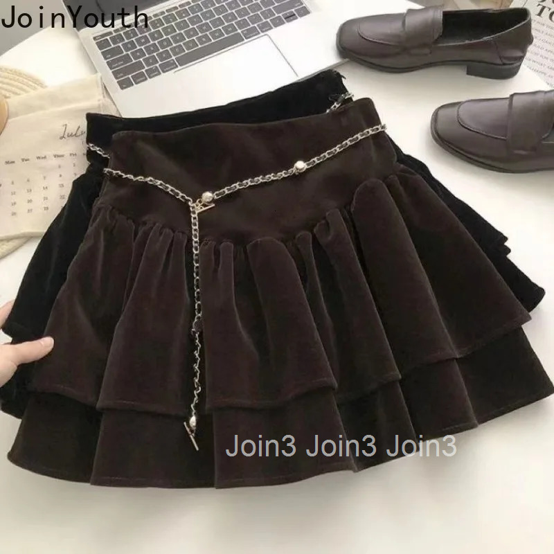 Mini Skirts Women Korean Jupe 2025 Faldas Mujer De Moda High Waist A-line Saia Ruffles Vintage Velvet Thicked Skirt with Belt