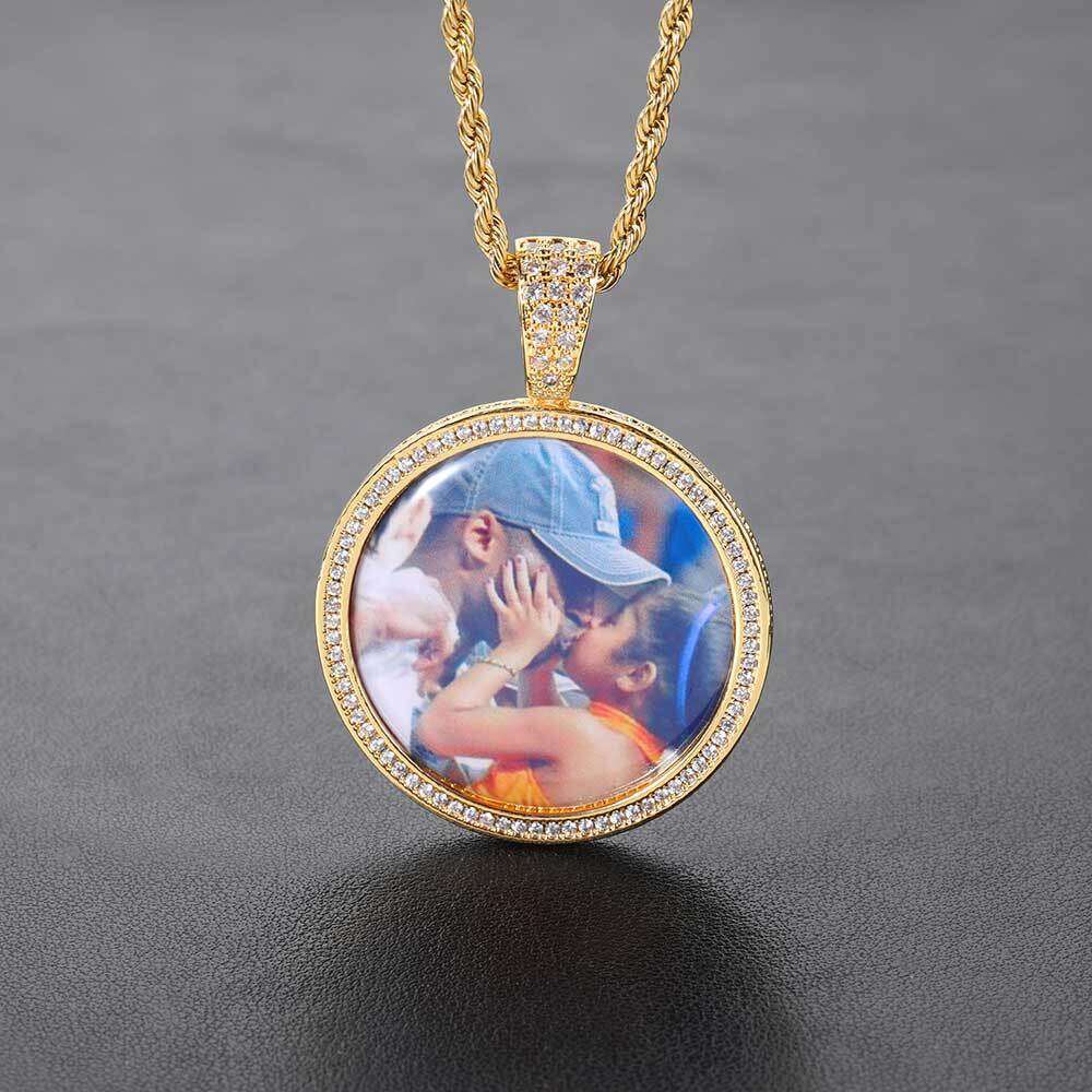 Hip Hop Jewelry Side Dia Round Photo Pendant Personality Micro Paved Zircon Memory Frame Necklace 3e5b