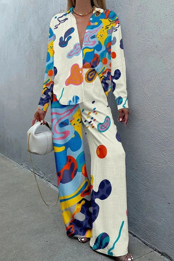 Fashion Casual Printed 2 Piece Set Loose Lapel Long Sleeve Button Shirt High Waist Wide Leg Pants Suit Spring Vacation Style 250617