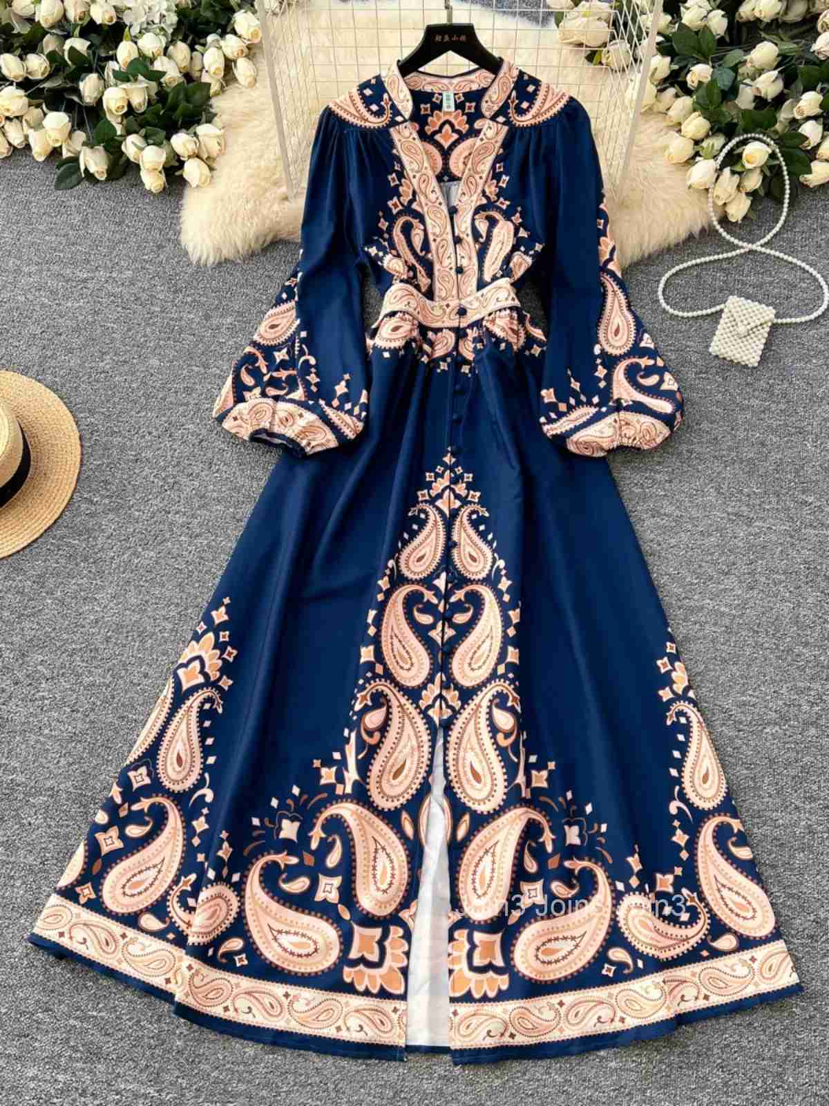 Vestidos De Mujer Vinatge Dresses Women V-neck Lantern Sleeve Slim Waist Robe Femme Single Breasted Elegant Floral Maxi Dress