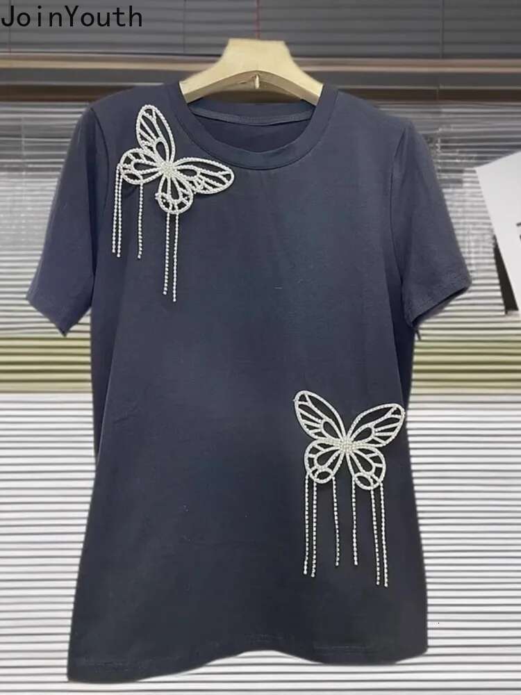 Y2k Top Korean T Shirts Womens Clothing Summer Fashion Camisetas O-neck Short Sleeve Loose Tees Diamond Butterfly Sweet Tshirt