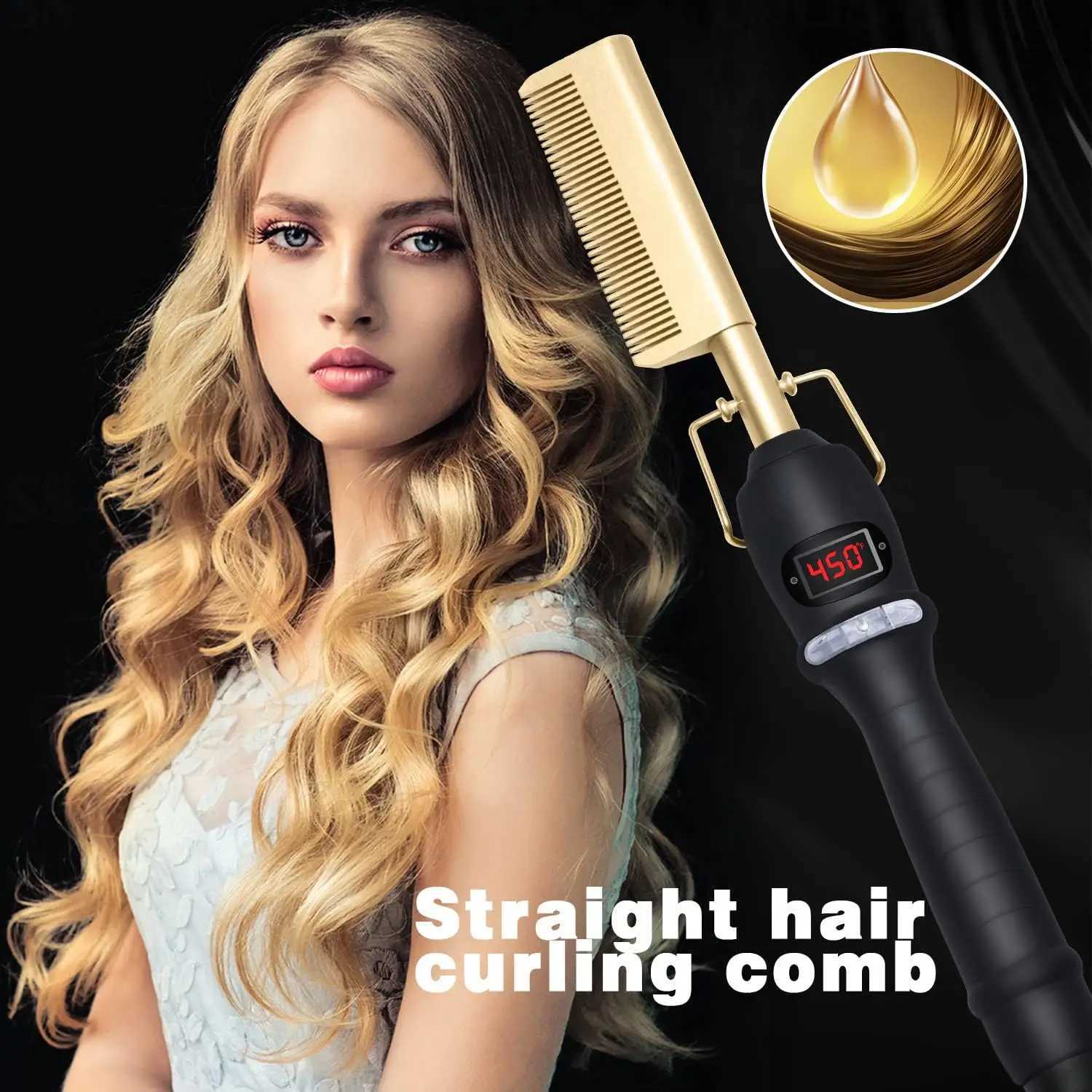 Hot Comb Hair Straightener Heat Pressing Combs LCD Ceramic Curling Iron for Hair Beard Wigs Wet and Dry Hair Styling ToolsXJ250621