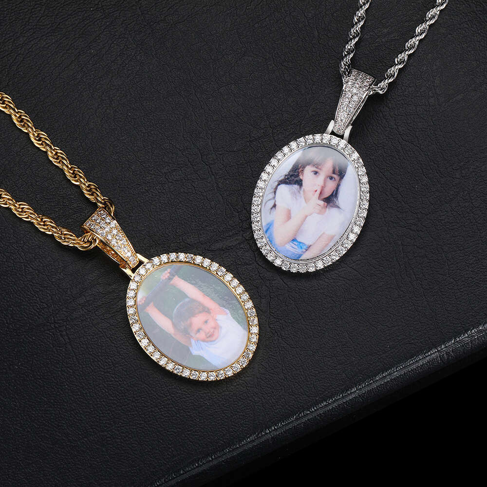 Memory DIY Commemorative Oval Necklace Micro Paved Zircon Trendy Personality Hip Hop Photo Frame Pendant 0fdc
