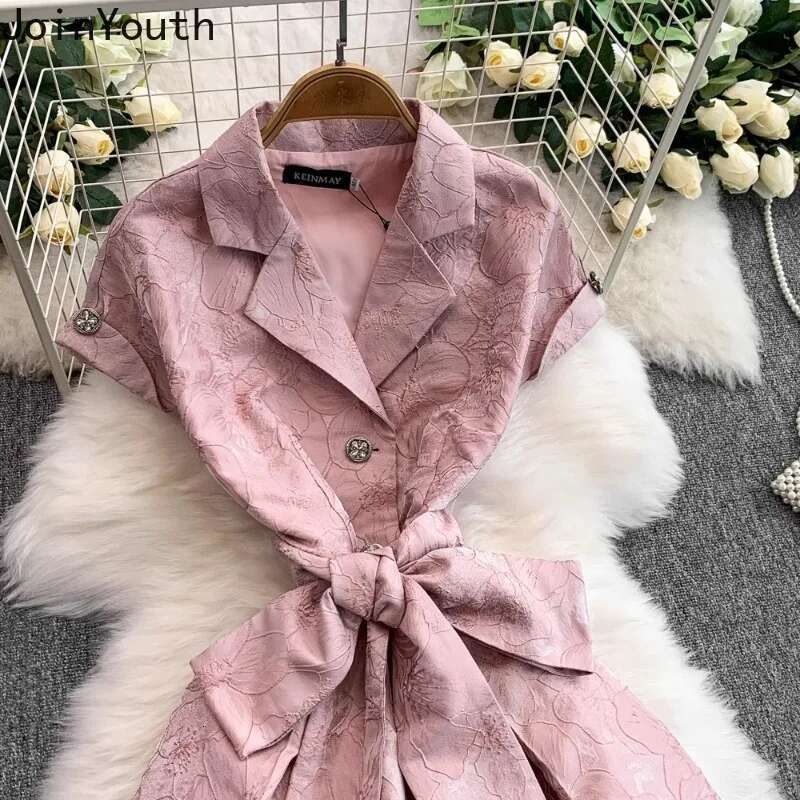 Elegant Woman Dresses 2025 Vestidos De Mujer Slim Waist Bandage Floral Short Sleeve Robe Femme Big Swing Vintage Summer Dress