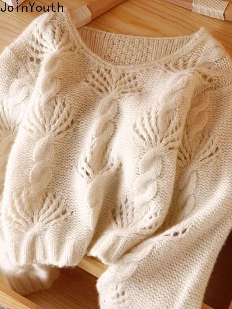 Knitted Mohair Sweater for Women Fashion Hollow Out Jumper 2025 Ropa Mujer O-neck Vintage Cropped Pullovers Sueter Mujer 27s338