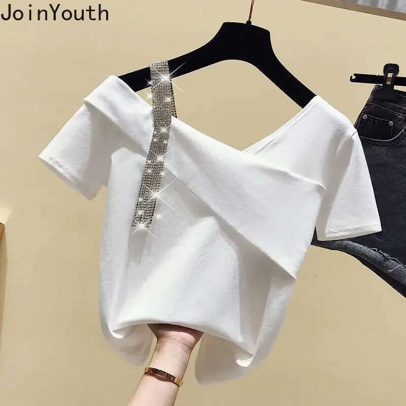 Short Sleeve Woman Tshirts 2025 Ropa Mujer Off Shoulder Diamond Summer Tees Solid Color Casual T Shirt Fashion Y2k T-shirt Tops