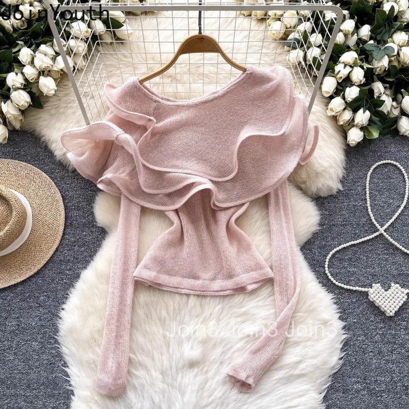 Korean Jumper Ruffles Slash Neck Pullovers Womens Clothing Long Sleeve Tunic Sueter Mujer Off Shoulder Knitted Sweater Tops