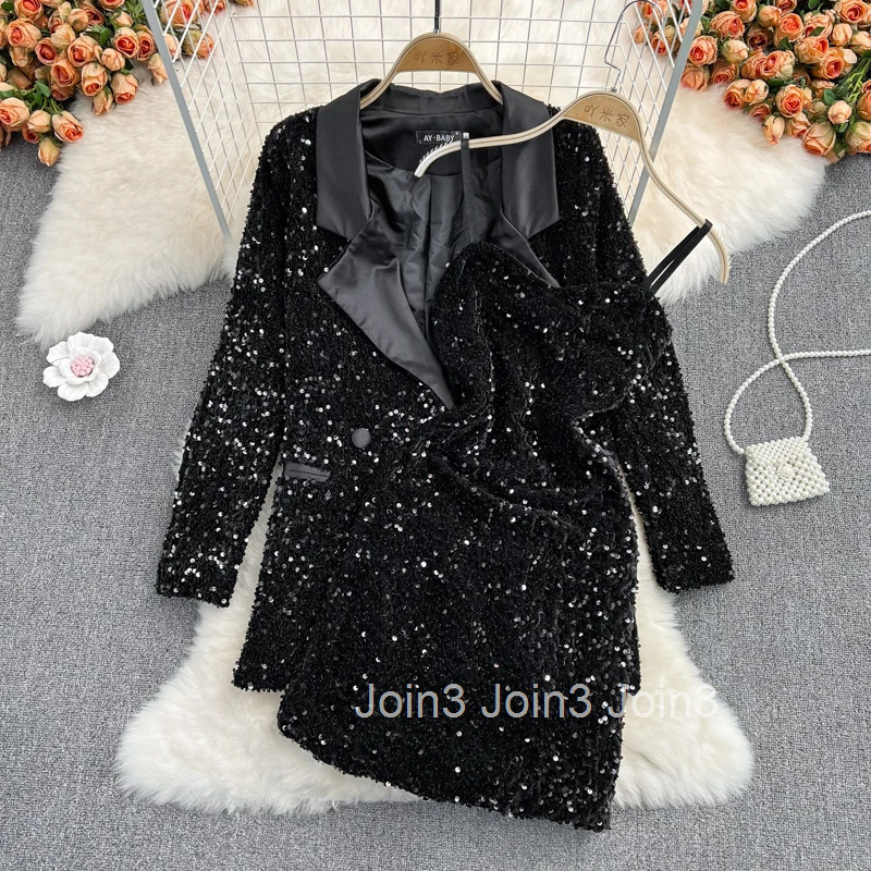 Temperament Two Piece Sets Sequined Suit Jacket Sexy Sling Bodycon Mini Dress Outfits Fashion Tunic Suit Womans Clothes for 2025