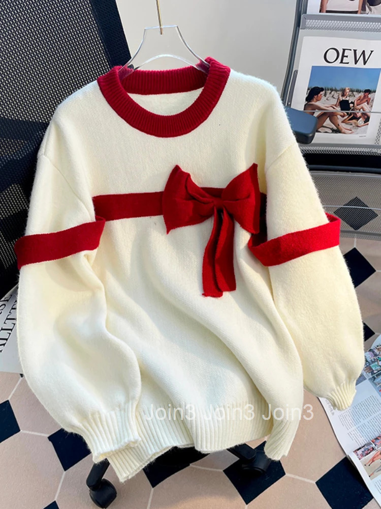 Sweet Sweater Tops Women Clothing Bandage Bow Red Jumper Sueter Mujer O-neck Long Sleeve Knitwear Oversized Pullovers Pull Femme