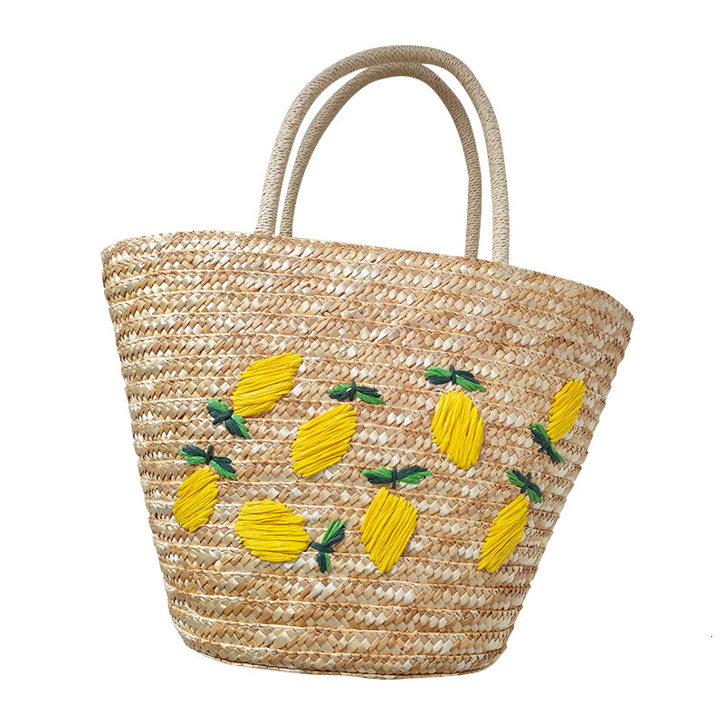 Free Shipping Wheat Straw Embroidered Woven Designer Bag Lemon Mango Luxury Pattern Casual Shoulder Bag Embroidered Women's Crossbody Handbag Str
