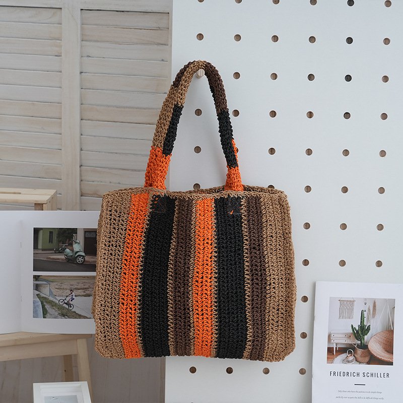 Free Shipping Vertical Striped Handmade Woven Bag For Women Designer Straw Woven Handbag Vacation Casual Armpit Bag Single Shoulder Crossbody Bag