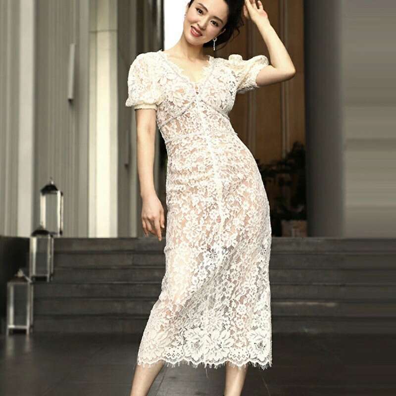 White Skirt Maxi Skirt SP Lace V Neck Puff Sleeve Mid Length Dress Pure Original Factory Women S Clothing Long Skirt