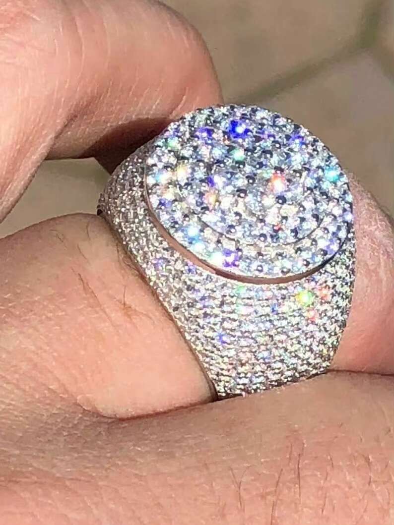 Mens Iced Out Moissanite Round Hip Hop Rapper Pinky Ring Solid 925 Sterling Silver Sizes 7 to 11 PASSES DIAMOND TESTER