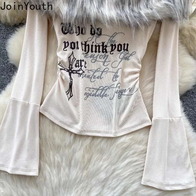 Vintage Woman T Shirts Patchwork Furry Slash Neck Flare Sleeve Tees Y2k Tops Tunic Letter Tshirt Ropa Mujer Korean Camisetas