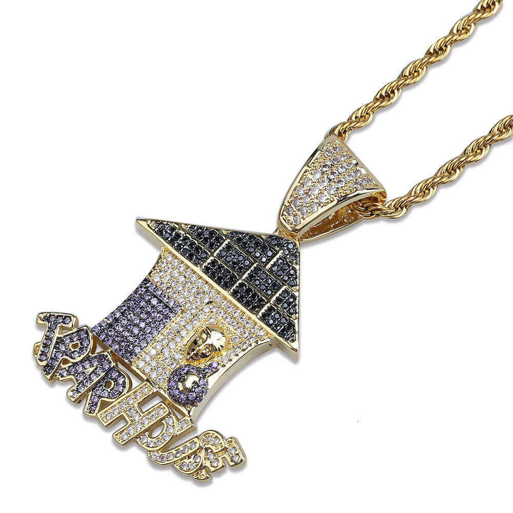 Fun Cute Cartoon Christmas House Colorful Micro Paved Zircon Pendant Unisex Hip Hop Trend Necklace