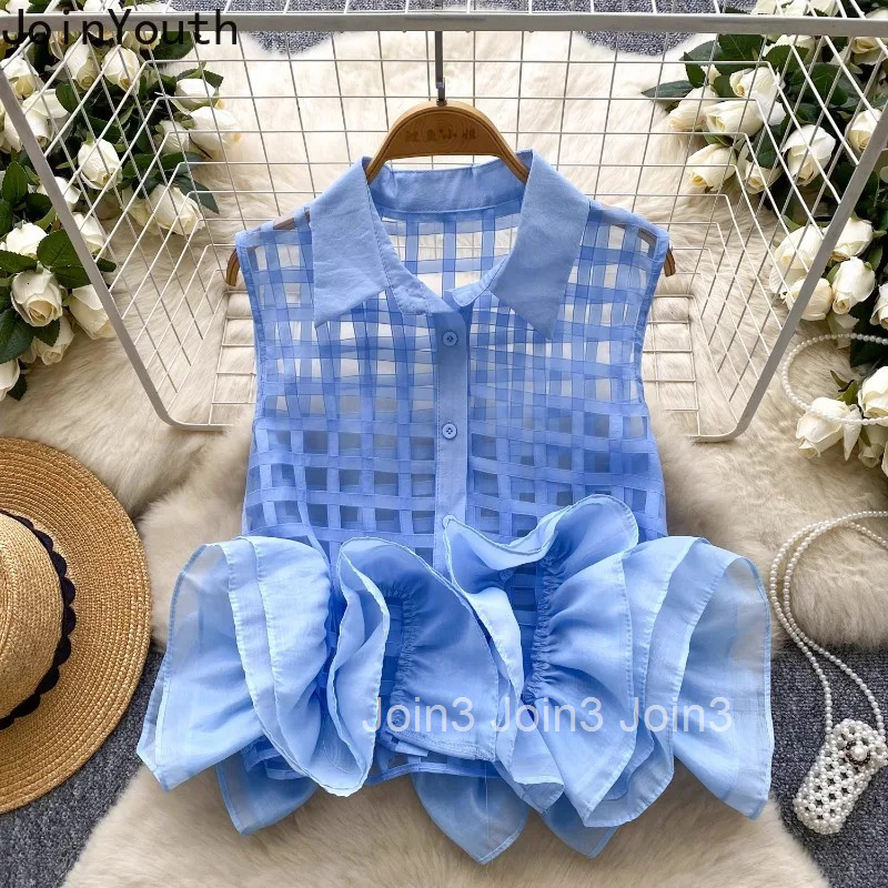 Sleeveless Ruffles Blouse Women Crop Tops 3D Floral Plaid See Through Shirt 2025 Blusas Mujer De Moda Chic Korean Summer Blouses