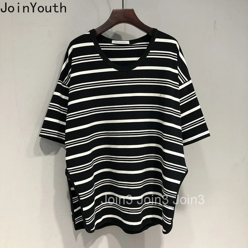 Oversized T Shirts Womens Clothing Chic Y2k Tops V-neck Short Sleeve Split Tees Fashion Summer Camisetas Casual Striped Tshirt