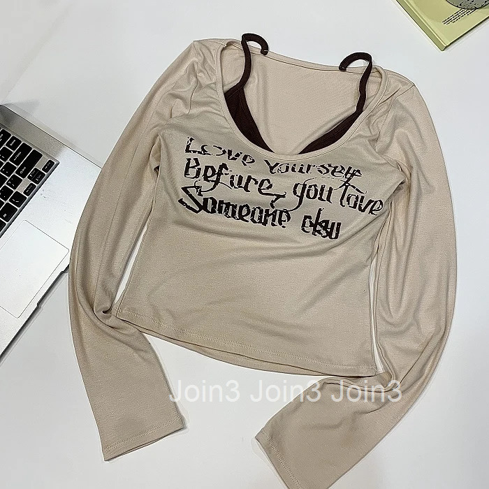 Women Clothes Fake Two Tshirts Tunic Long Sleeve Camisetas Letter Print Tees 2025 Ropa Mujer Casual Fashion Korean T Shirt Tops