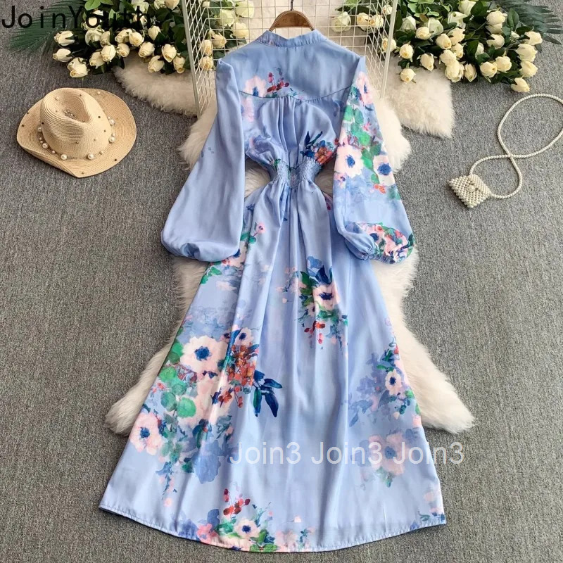 Vintage Single Breasted Womens Dress V-neck Lantern Sleeve Slim Waist Robe Femme Floral Summer Dresses 2025 Vestidos De Mujer