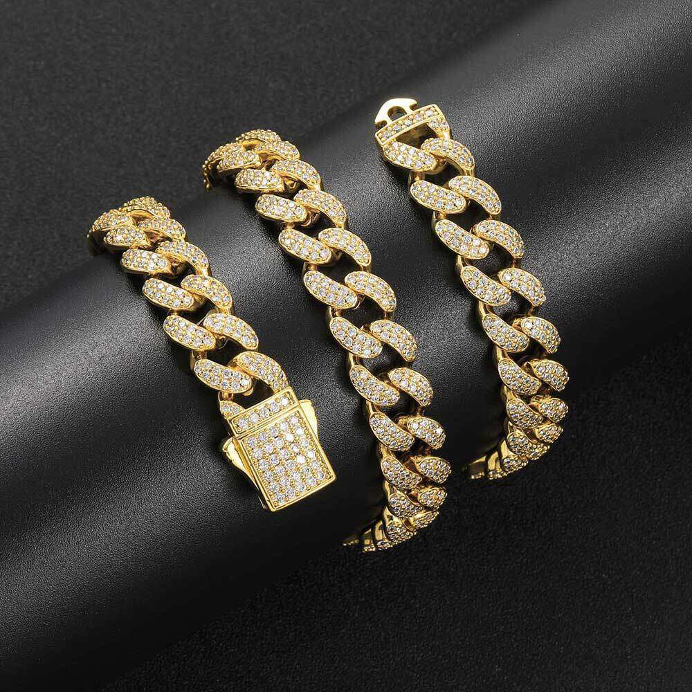 12mm Spring Snap Double Row Zircon Cuban Chain Trendy Personality Men's Hip Hop Necklace Bracelet e6a0
