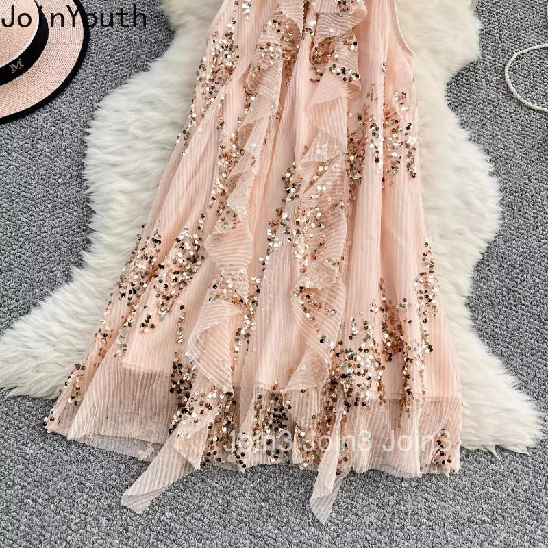 Temperament Robe Femme Summer Woman Dress 2025 Vestidos De Mujer Sleeveless Loose Heavy Sequin Ruffles 3D Floral Dresses 7p540