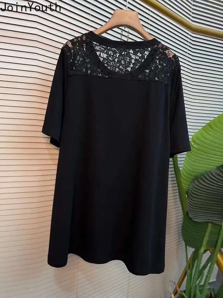 Oversized T Shirts Summer Womens Clothing Patchwork Lace Long Tops O-neck Short Sleeve Tees Print Casual Fashion Thin T-shirts