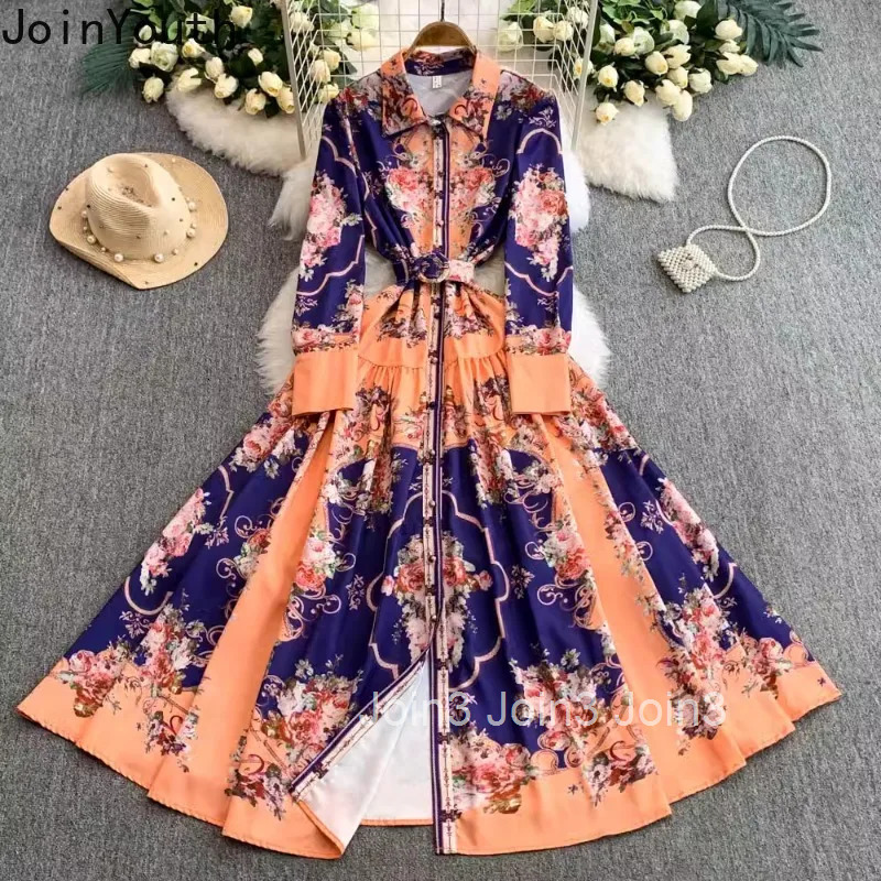 Maxi Dresses Women Clothing 2025 Vestidos De Mujer Single Breasted Floral Big Swing Robe Femme High Waist Vintage Summer Dress