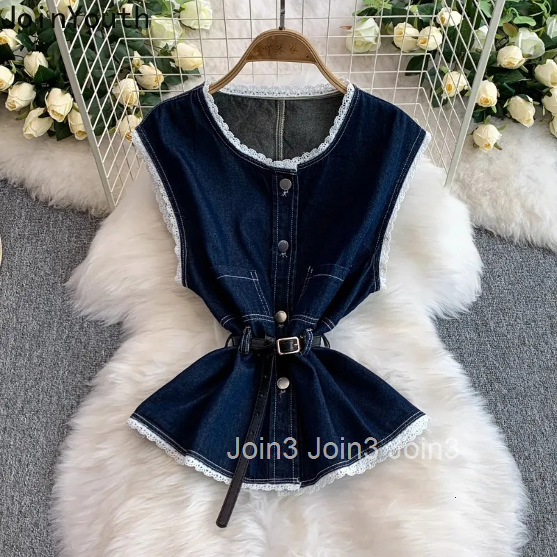Pants Suit Chic 2 Piece Set Sleeveless Slim Waist Vest Coat High Waist Straight Wide Leg Pants Sets Patchwork Lace Denim Outfits