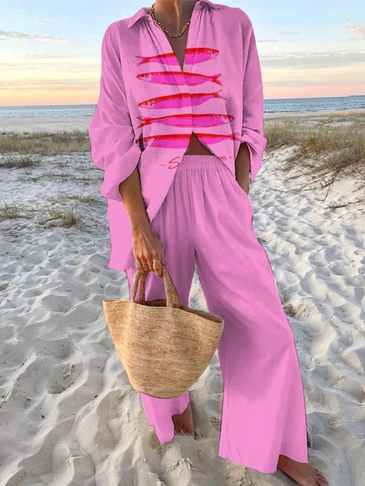 Casual Boho Print Set For Women Fashion Long Sleeve Tops High Waist Wide Leg Pants Two Piece Sets Lady Holiday Womens Clothing 250617