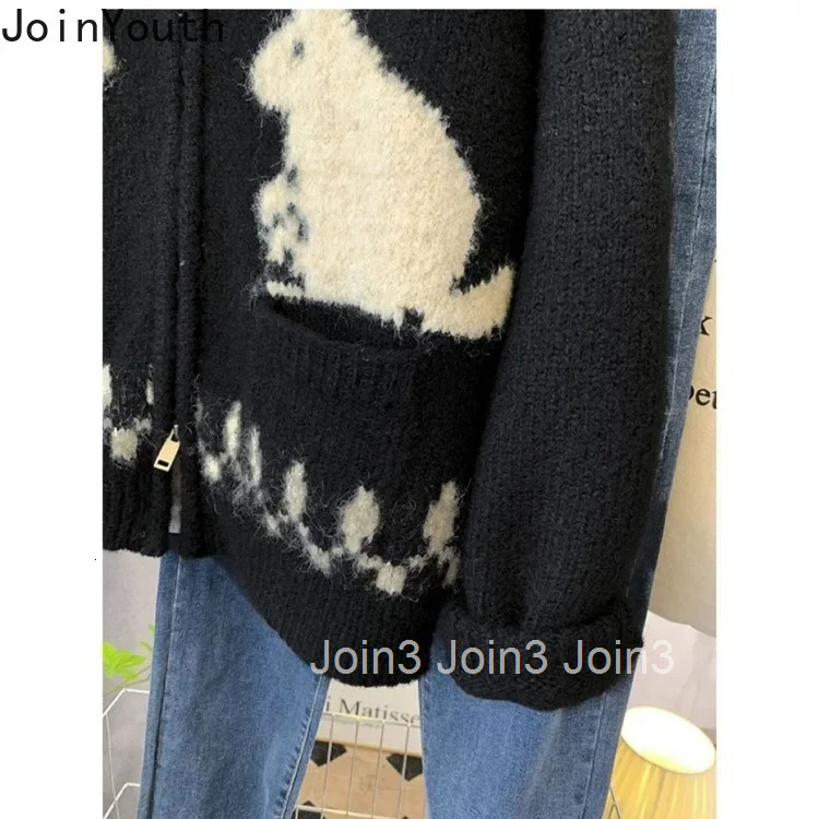 Rabbit Print Black Cardigan Women Thicked Casual Pull Femme Korean Fashion Sueter Mujer Hooded Zipper Knitted Sweater Jackets