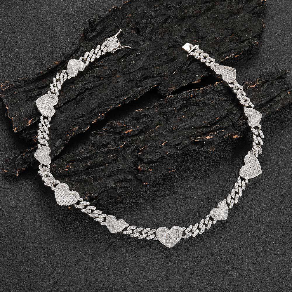 Hip Hop 9mm Heart Cuban Chain Zircon Men's Jewelry High-end Exquisite Women's Necklace 22c5
