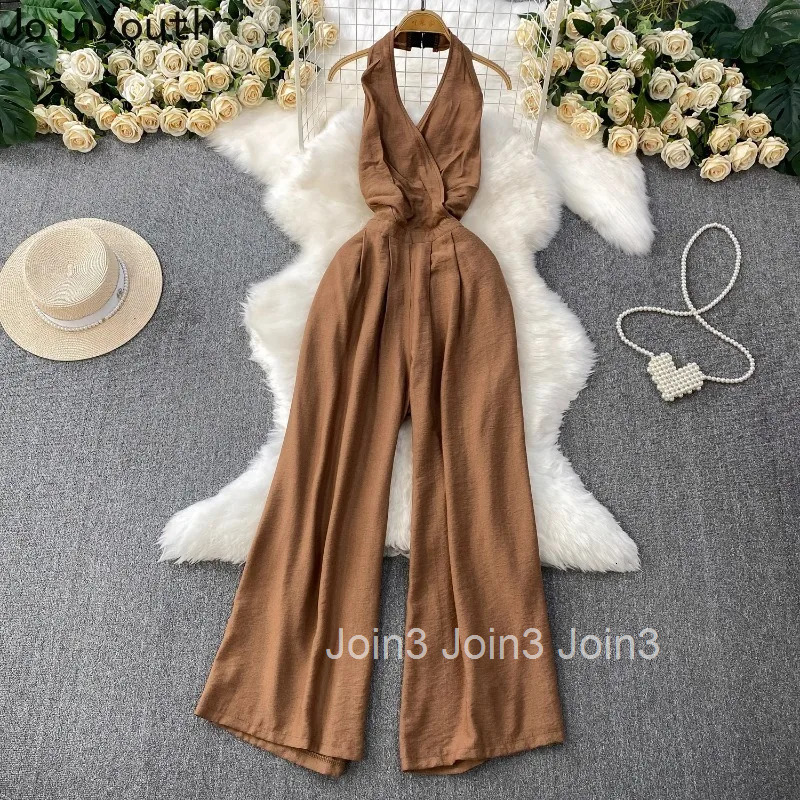 Summer Jumpsuits for Women Temperament Sexy Backless Bodysuit Slim Waist High Waist Straight Wide Leg Pants Chic Korean Playsuit