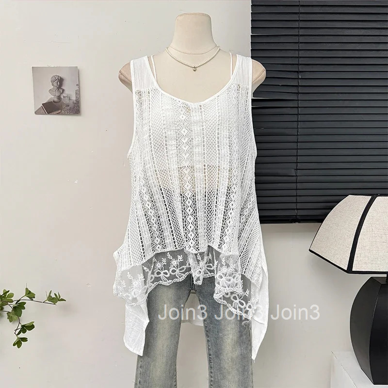 Summer Sweet Tanks 2024 Women Clothing Sleeveless Loose Camis Solid Color Hollow Out Patchwork Lace Tanks Y2k Tops Ropa Mujer