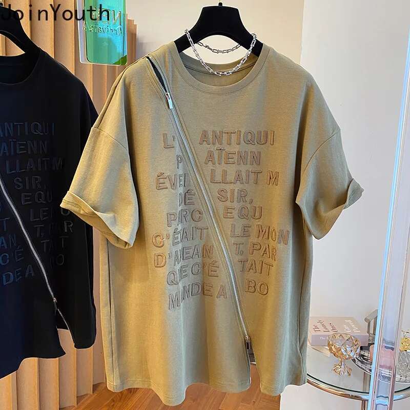 Streetwear Y2k Tops Summer T Shirts Women Clothing Short Sleeve O-neck Letter Tees Patchwork Zipper Embroidery Casual T-shirt