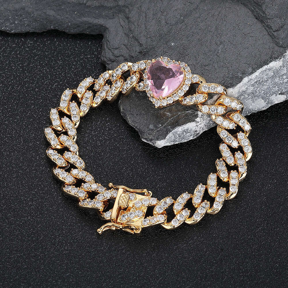 10mm Pink Zircon Accessories Hip Hop Heart Cuban Chain Women's Bracelet 0656