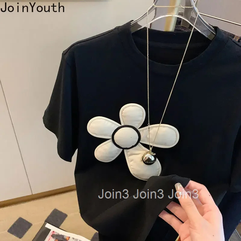 White T-shirts Women 2025 Ropa Mujer Chic 3D Floral Summer Tees Fashion Casual Korean Tshirts Cotton Y2k T Shirt Oversized Tops