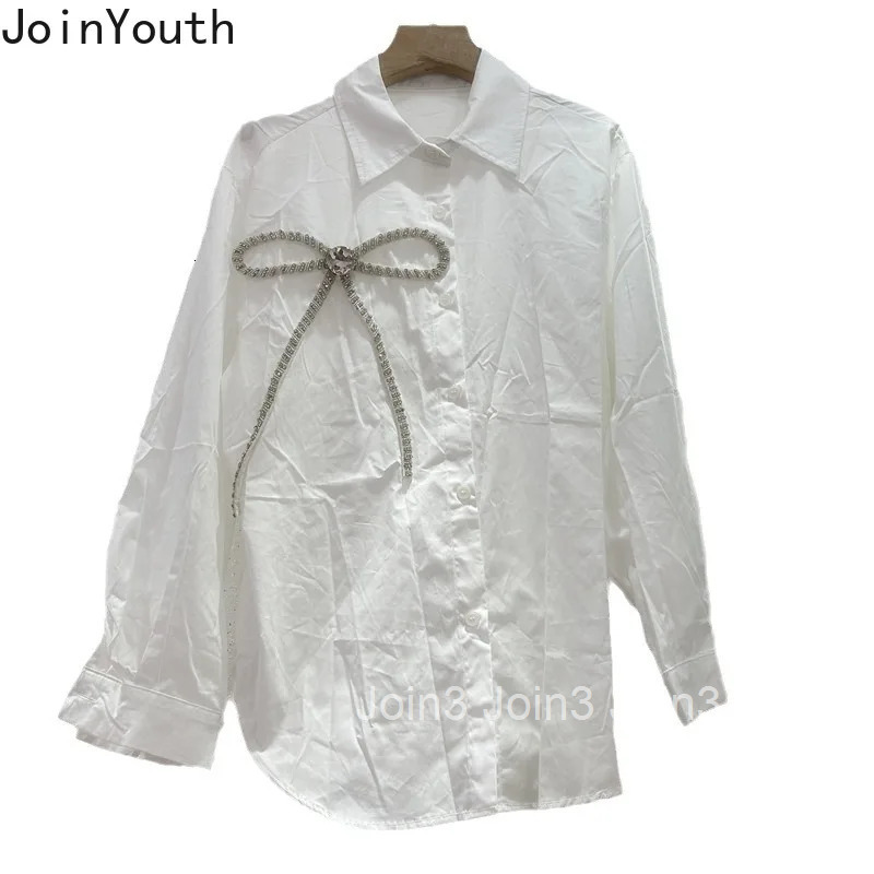 Temperament Lady Tops Vintage Blouse Women Diamond Bow Long Sleeve Shirts Loose Chic White Blouses 2025 Blusas Mujer De Moda