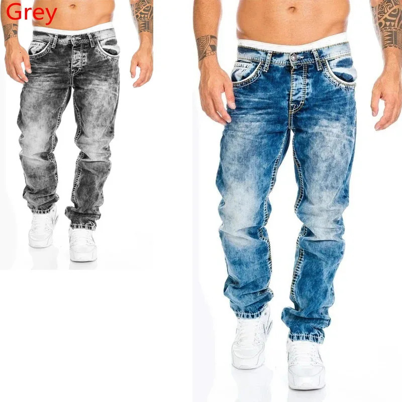 Men Jeans Solid Pockets Stretch Denim Straight Pants Spring Summer Business Casual Trousers Daily Streetwear Mens Clothing 250618