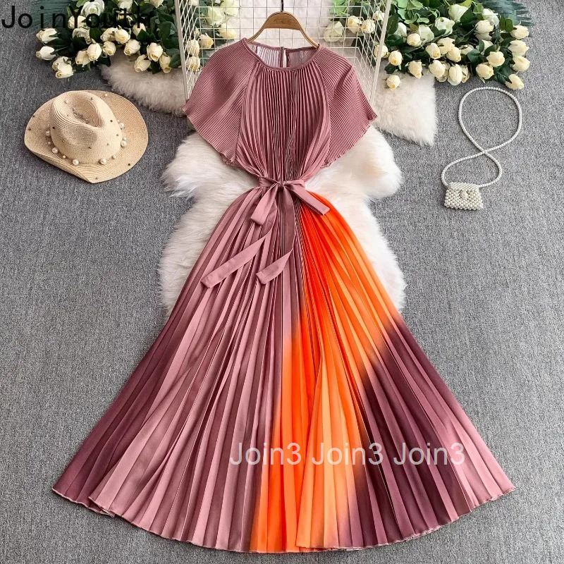 Fashion Gradient Color Pleated Dress O-neck Short Sleeve Slim Waist Robe Femme 2025 Vestidos De Mujer Bandage Summer Dresses