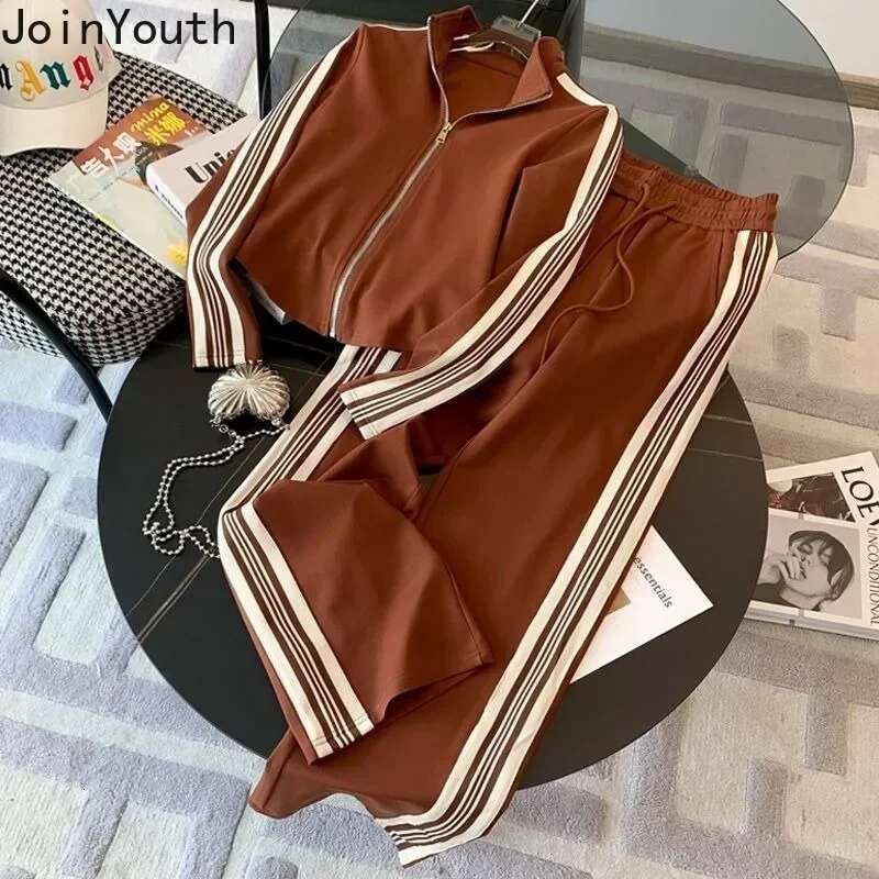 Fashion Tracksuit Korean Two Piece Set for Women Zipper Crop Hoodies High Waist Straight Wide Leg Pants Outfits Casual Y2k Suit