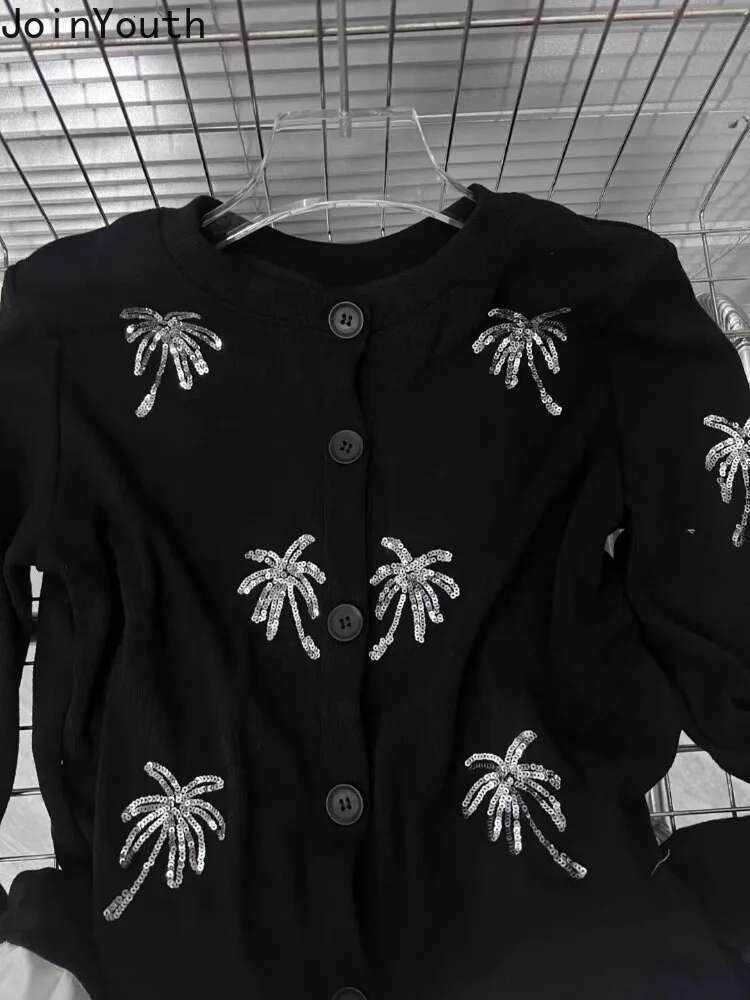 2025 Women Cardigan Patchwork Ruffles Sequin Sueter Mujer O-neck Casual Black Pull Femme Vintage Knitting Korean Sweater Tops