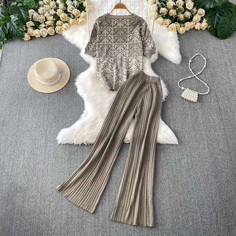 Designer Leisure High Quality Fashion casual suit women's summer new loose print round neck knitted T-shirt top+high waist slimming wide leg pant