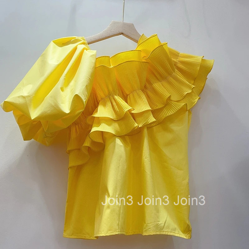 Temperament Lady Tops Chic Summer Blouses Women Clothing 2025 Camisas De Mujer Ruffles Irregular Ruffles Skew Neck White Shirts