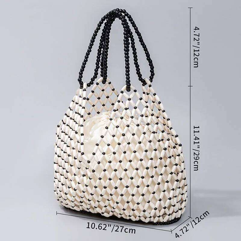 Designer straw bags Tote Bag Handmade Woven Women Handbag Exquisite Design Hollow-Out Wooden Beaded Shoulder Female